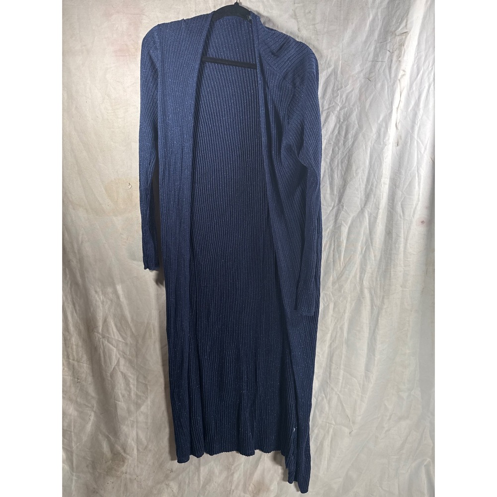 Navy Blue Metallic Ribbed Longline Duster Cardigan Open Front Shimmer Sweater